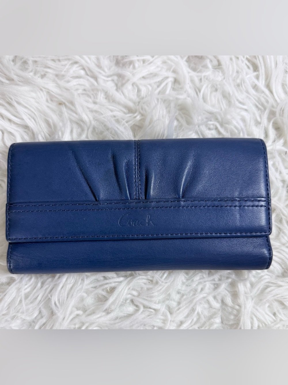 Vintage Coach Blue Leather Fold-Over Wallet with Pleat Detail